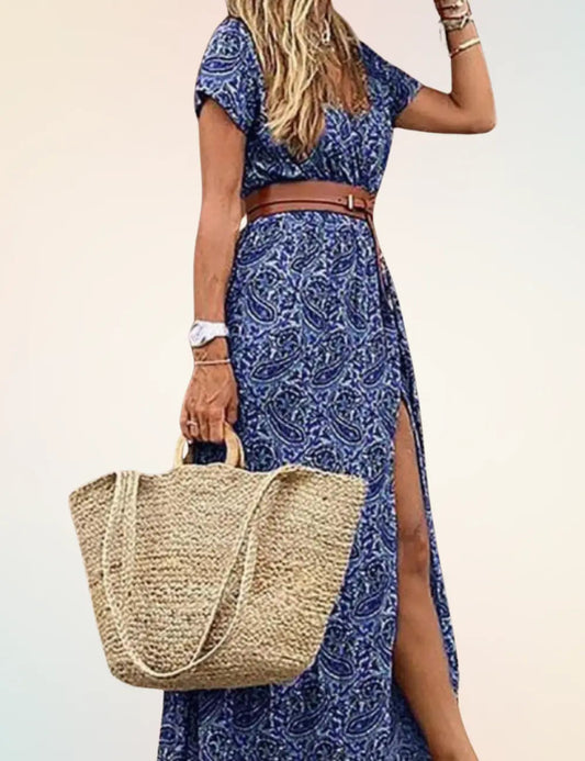 Sarah | Elegantes Maxikleid Sommer Für Damen Mit V-Ausschnitt Und Vintage-Muster 0