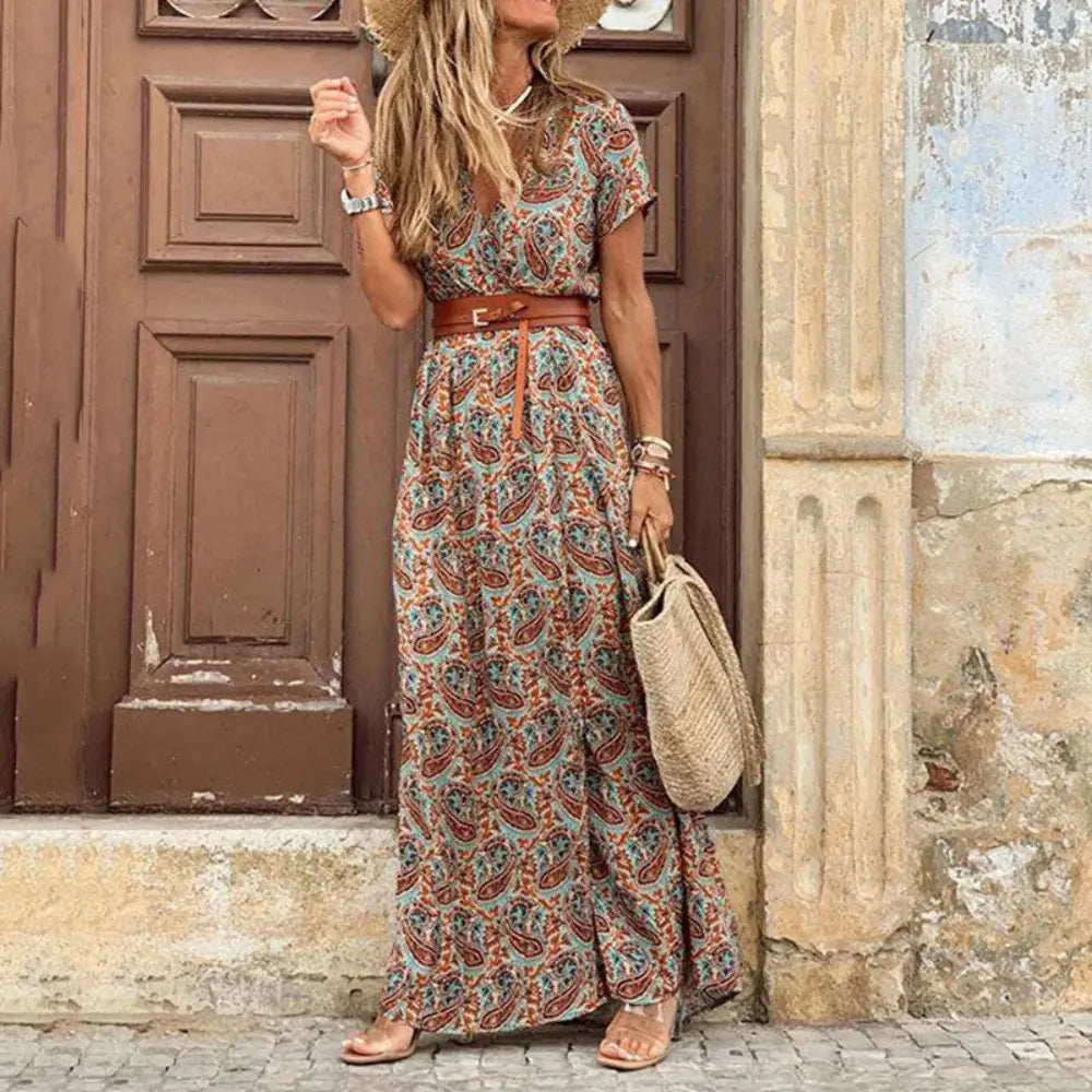 Sarah | Elegantes Maxikleid Sommer Für Damen Mit V-Ausschnitt Und Vintage-Muster 7