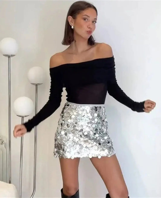 Sophie | Glitzernder Minirock Damen Aus Silbernen Pailletten Mit Hoher Taille 1