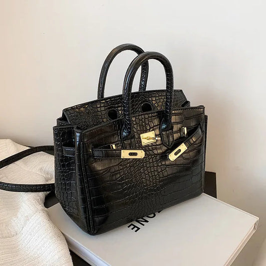 Strukturierte Handtasche aus Kunstleder mit Krokodilprägung und Goldakzenten – Ideal für Büro und besondere Anlässe 1