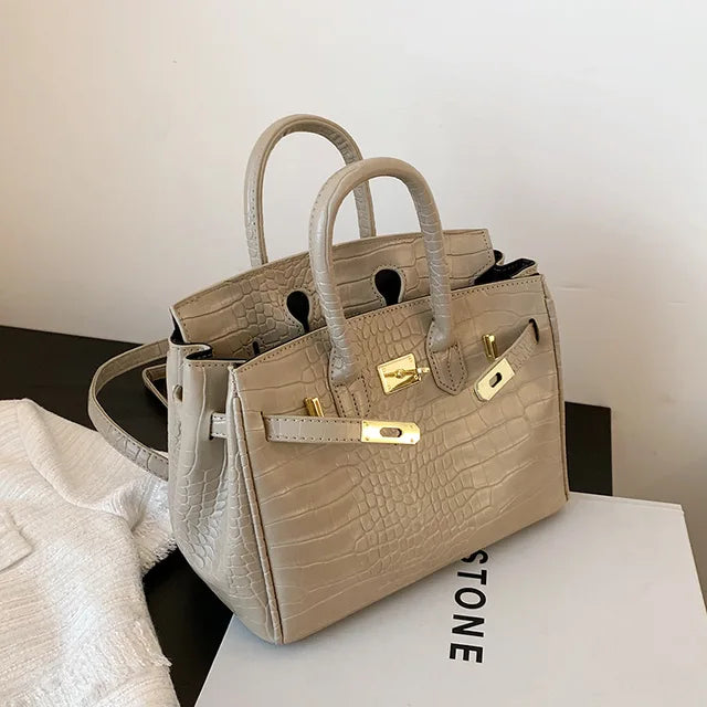 Strukturierte Handtasche aus Kunstleder mit Krokodilprägung und Goldakzenten – Ideal für Büro und besondere Anlässe 2