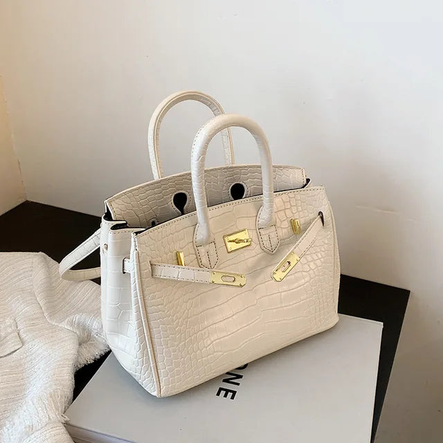 Strukturierte Handtasche aus Kunstleder mit Krokodilprägung und Goldakzenten – Ideal für Büro und besondere Anlässe 4