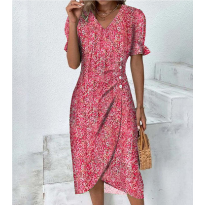 Variant image for Evie | Blümchenmuster Sommerkleid Damen A-Linie mit V-Ausschnitt und Puffärmeln-19