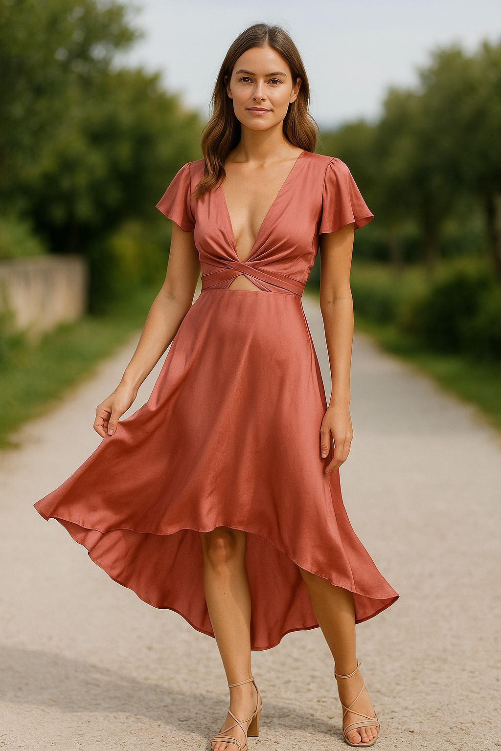 VIQA | Damen Satin Midi Kleid, V-Ausschnitt, Rüschensäume, A-Linie, Perfekt für Sommer und Abendveranstaltungen 2