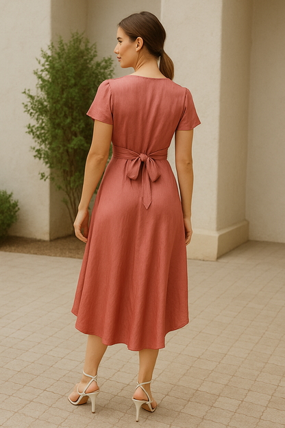 VIQA | Damen Satin Midi Kleid, V-Ausschnitt, Rüschensäume, A-Linie, Perfekt für Sommer und Abendveranstaltungen 5