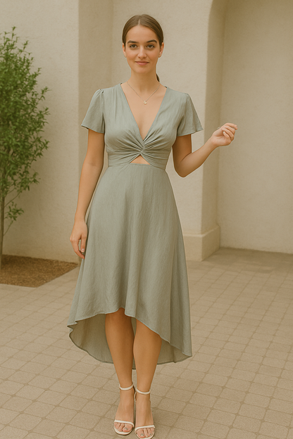 VIQA | Damen Satin Midi Kleid, V-Ausschnitt, Rüschensäume, A-Linie, Perfekt für Sommer und Abendveranstaltungen 7