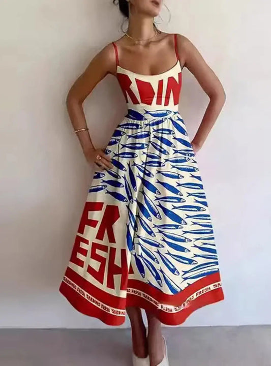 Valarie | Abstrakte Off-Shoulder Maxi-Jurk für Damen mit Spaghettiträgern und Verspieltem Fischmuster 1
