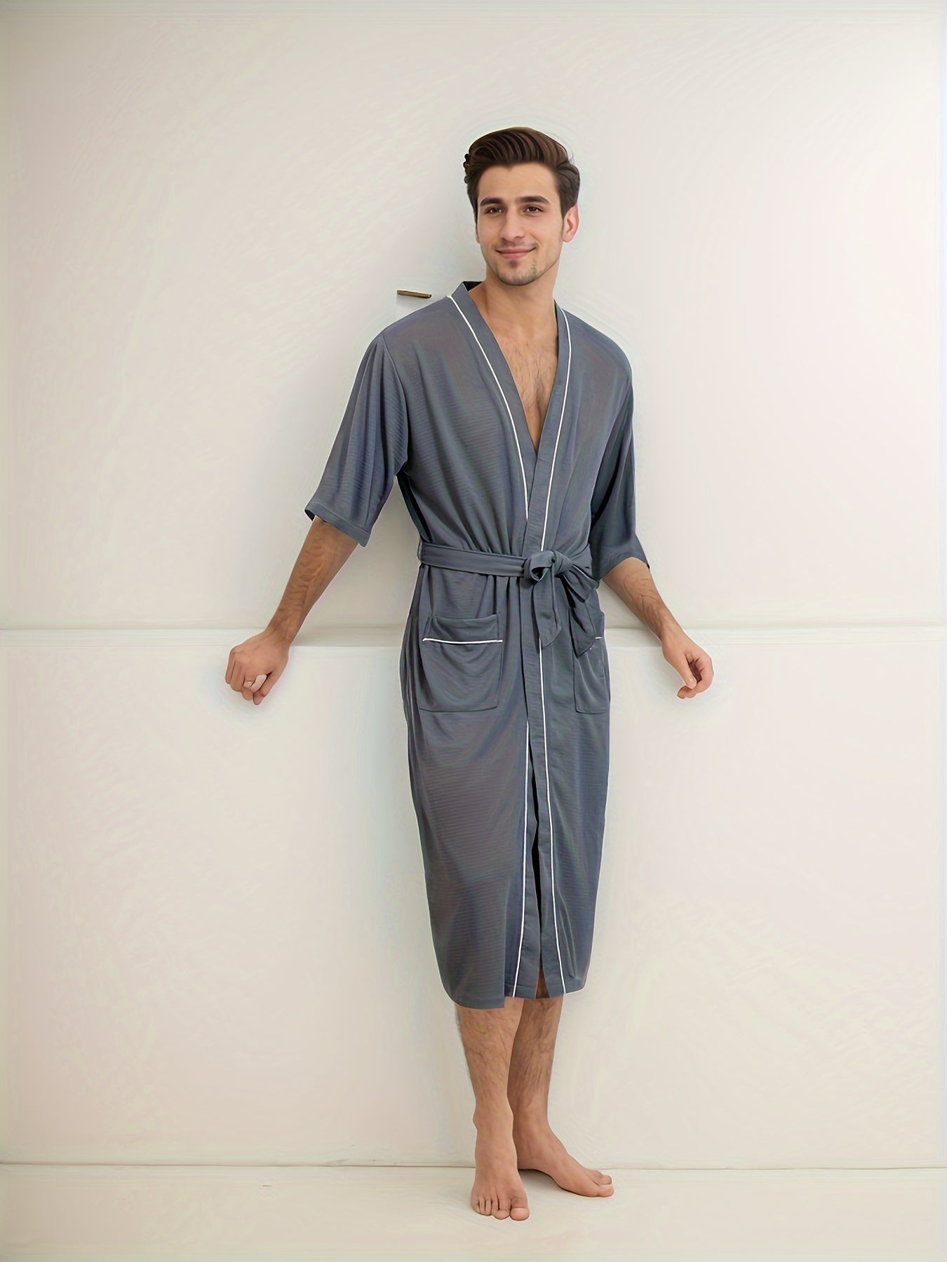 Herren kurzärmeliger Bademantel mit Doppel-Taschen Hause Lune