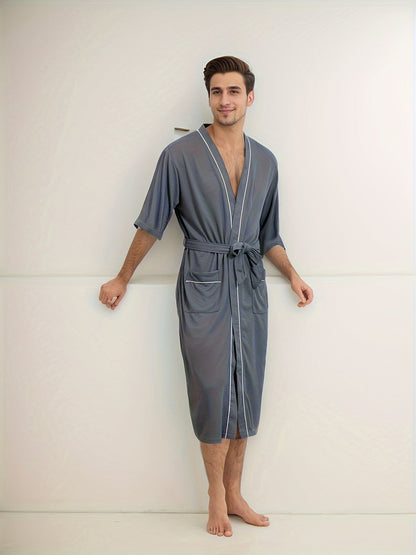 Herren kurzärmeliger Bademantel mit Doppel-Taschen Hause Lune