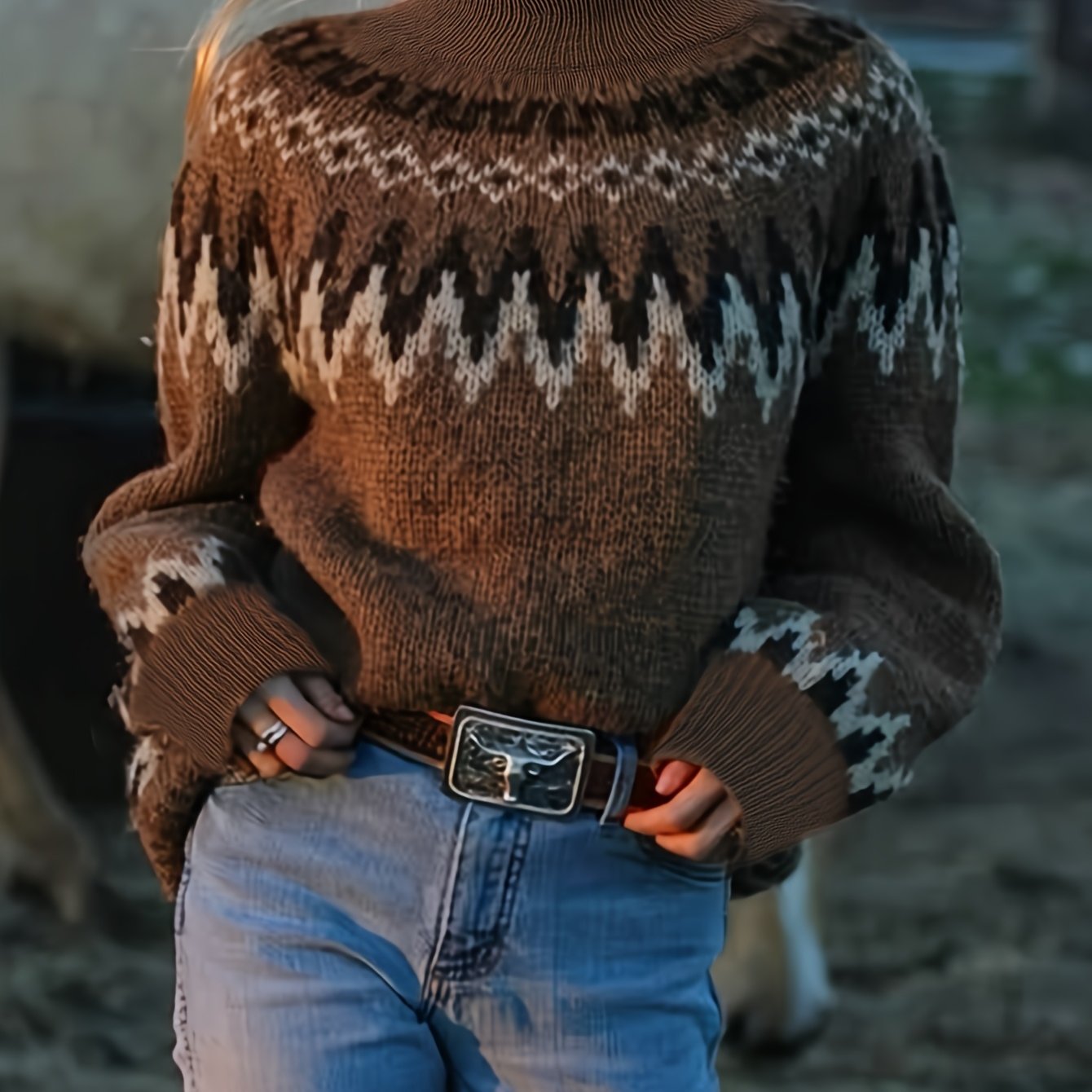 Women'S Elegant Casual Pullover - Fleece Island Round Neck Long Sleeve Sweater, Versatile Brown Round Neck Comfortable Soft Warm, Suitable for Leisure, Elegance, Home, Commuting, etc Hause Lune