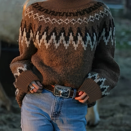 Women'S Elegant Casual Pullover - Fleece Island Round Neck Long Sleeve Sweater, Versatile Brown Round Neck Comfortable Soft Warm, Suitable for Leisure, Elegance, Home, Commuting, etc Hause Lune