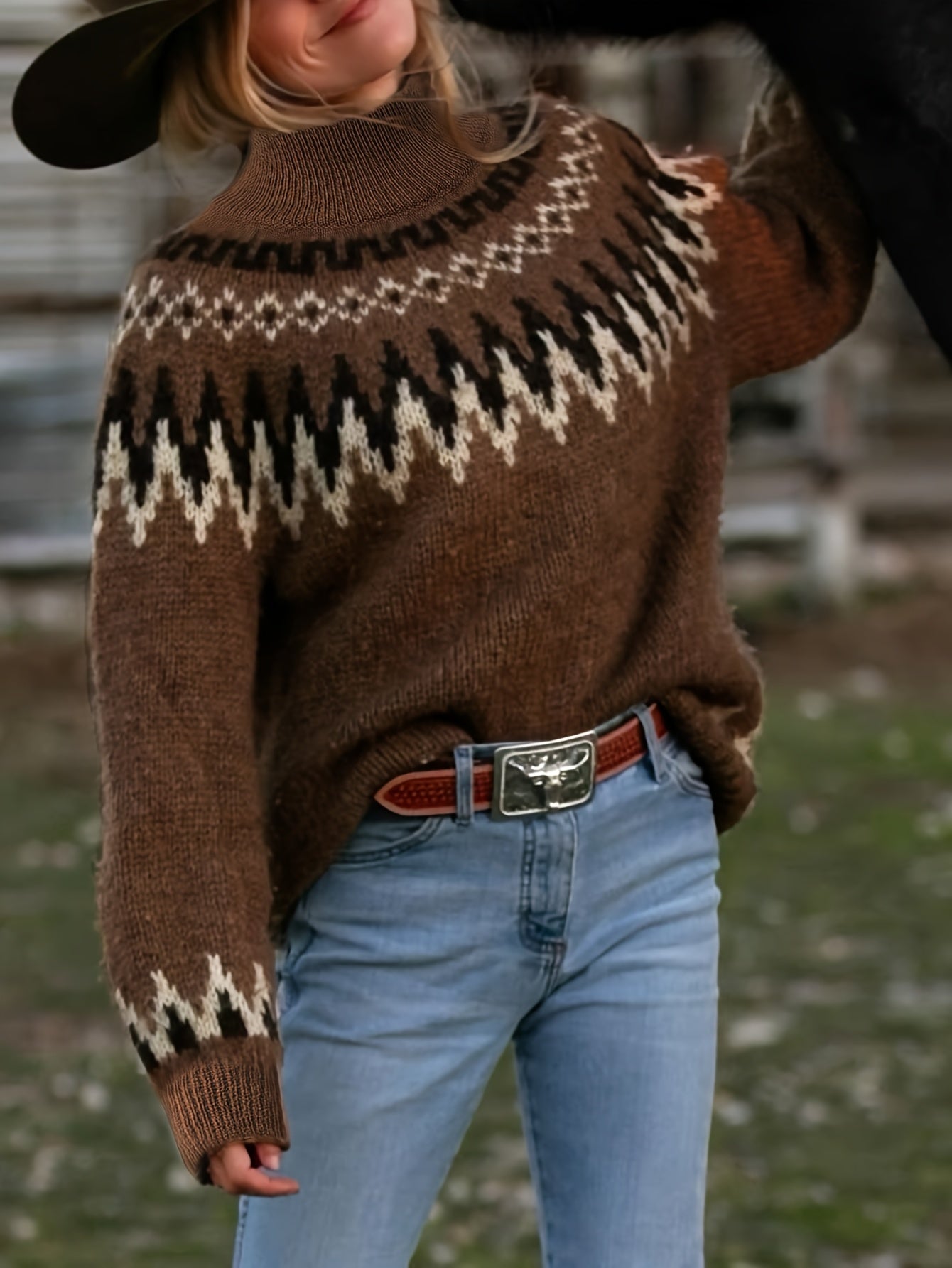 Women'S Elegant Casual Pullover - Fleece Island Round Neck Long Sleeve Sweater, Versatile Brown Round Neck Comfortable Soft Warm, Suitable for Leisure, Elegance, Home, Commuting, etc Hause Lune