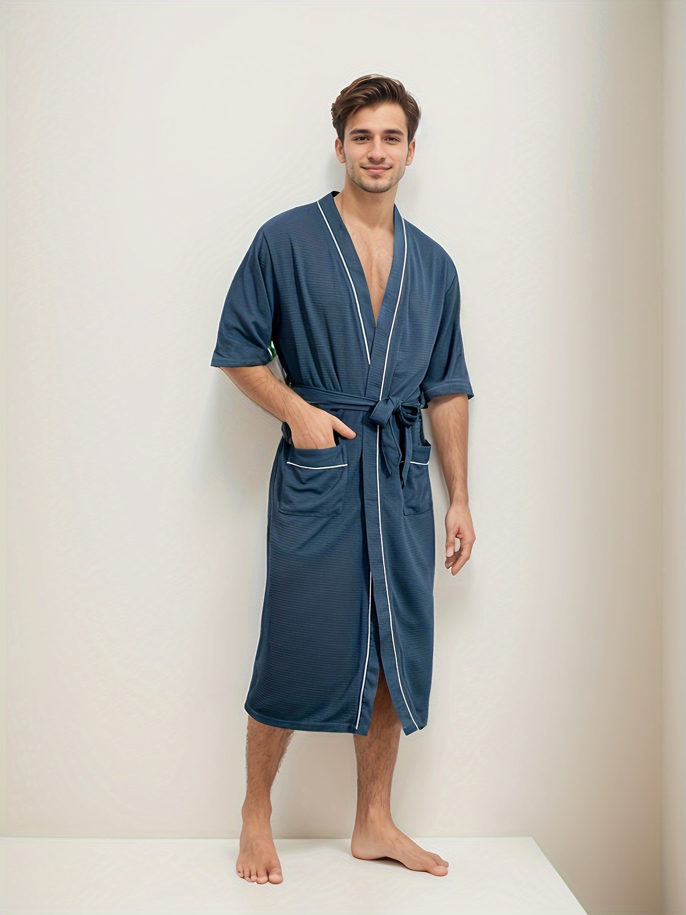 Herren kurzärmeliger Bademantel mit Doppel-Taschen Hause Lune