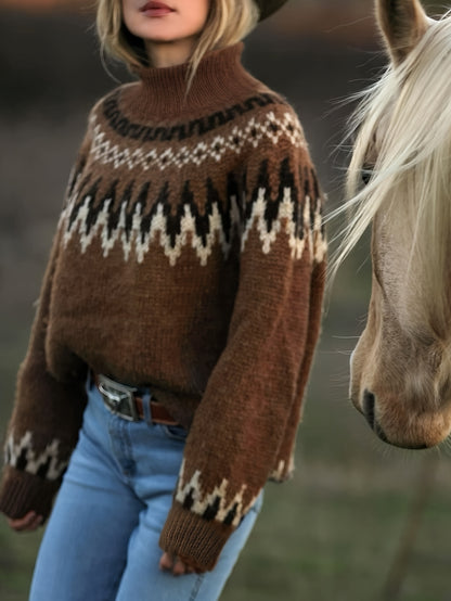 Women'S Elegant Casual Pullover - Fleece Island Round Neck Long Sleeve Sweater, Versatile Brown Round Neck Comfortable Soft Warm, Suitable for Leisure, Elegance, Home, Commuting, etc Hause Lune