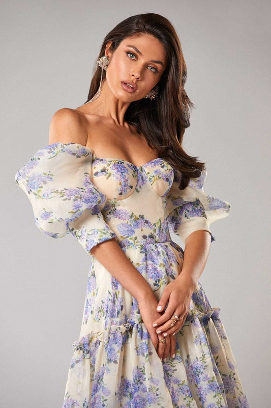 Viola | Langes Festliches Damenkleid Mit Blumendruck Und Puffärmel 2