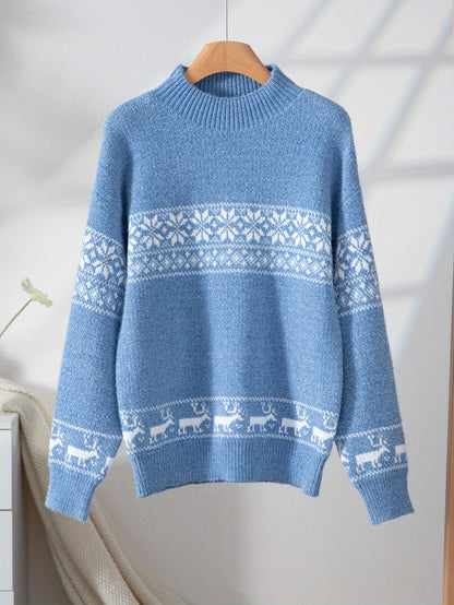 Women's Blue Cable- Sweater - Winter Snowflake & Reindeer Pattern Round Neck Long Sleeve Blouse, Soft Warm Knitwear for Christmas Parties, Casual & Formal Events (Hand Wash/Dry Clean) - Scandinavian Style Winter Sweater, Elegant Sweaters For Women, Vintag Hause Lune