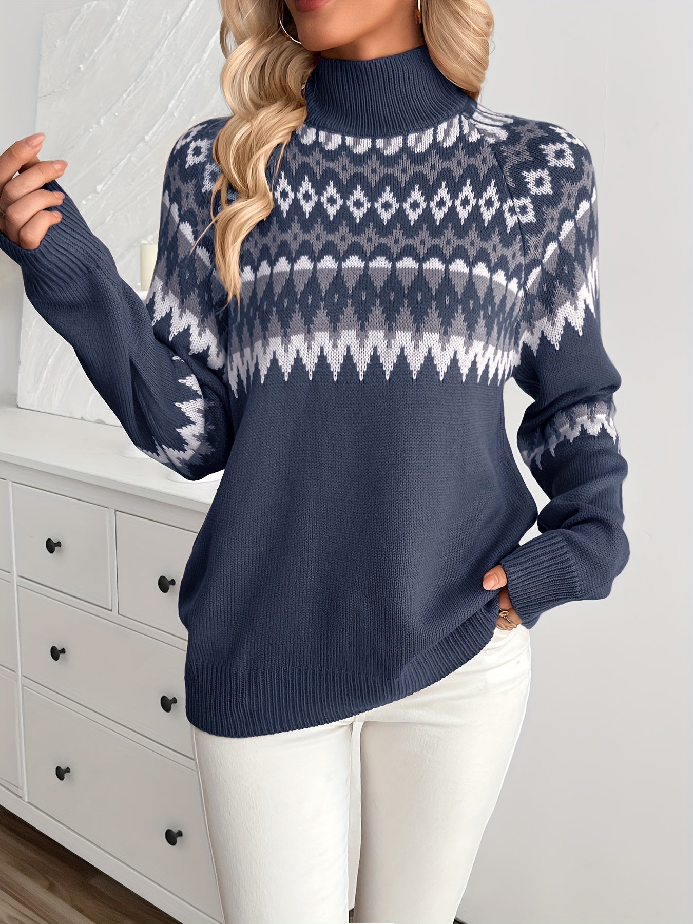 Women's Nordic Winter Sweater - Retro Geometric & Pattern Collar Pullover, Long Sleeve Cozy Sweating Sweater for Fall/Winter, Casual & Formal Wear (Hand Washable, Stand Collar) - Scandinavian Style Sweater Coat Hause Lune