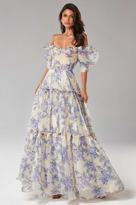 Viola | Langes Festliches Damenkleid Mit Blumendruck Und Puffärmel 1