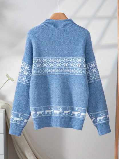 Women's Blue Cable- Sweater - Winter Snowflake & Reindeer Pattern Round Neck Long Sleeve Blouse, Soft Warm Knitwear for Christmas Parties, Casual & Formal Events (Hand Wash/Dry Clean) - Scandinavian Style Winter Sweater, Elegant Sweaters For Women, Vintag Hause Lune