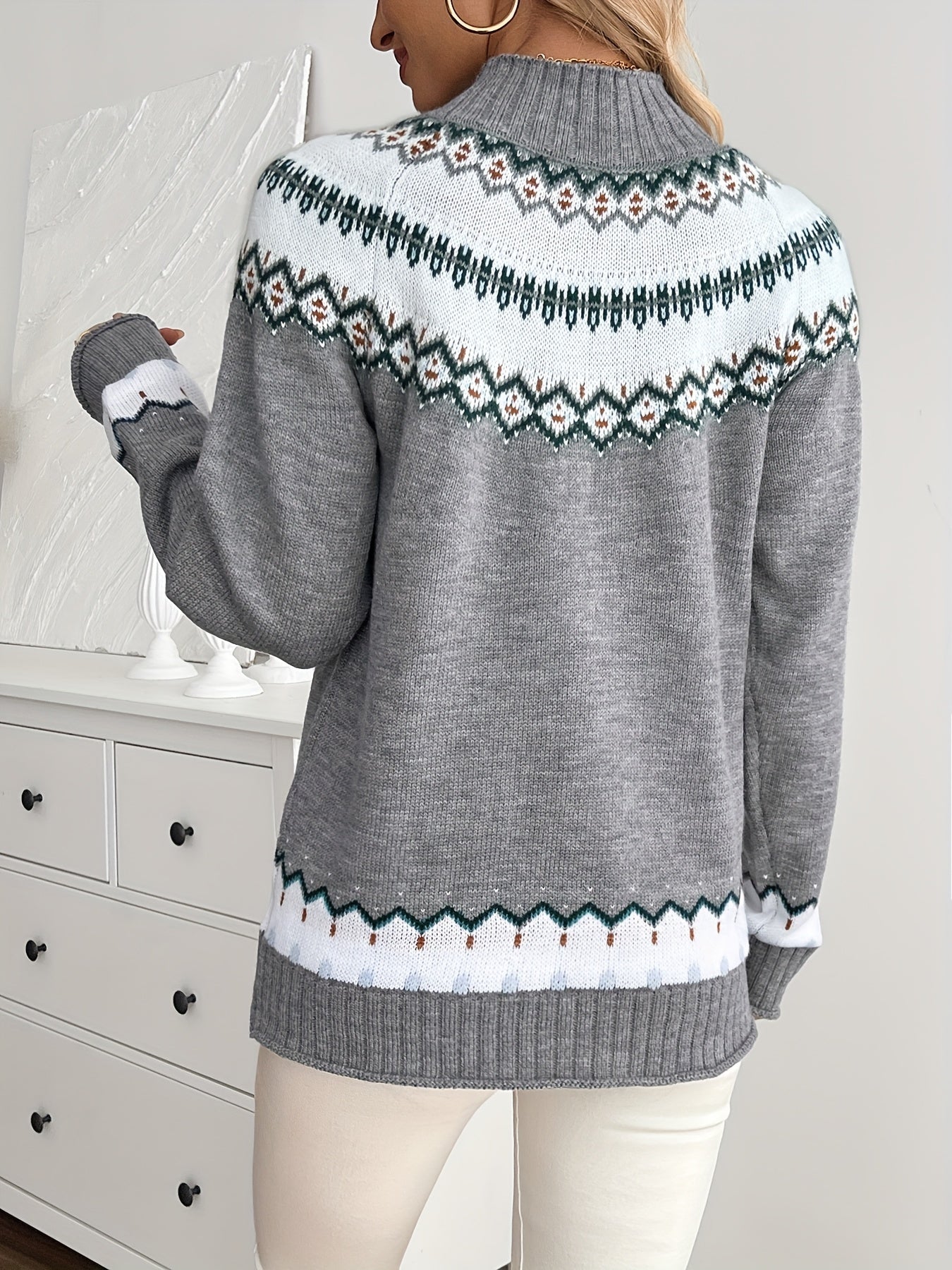 Women's Nordic Winter Sweater - Cable- Stand Collar Sweater Coat Jacket-Like Long Sleeve Pullover, Geometric Color-Blocking Sweater for Fall/Winter, Casual & Formal Wear (Hand Washable, Scandinavian Style) Hause Lune