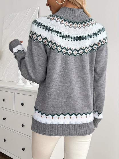 Women's Nordic Winter Sweater - Cable- Stand Collar Sweater Coat Jacket-Like Long Sleeve Pullover, Geometric Color-Blocking Sweater for Fall/Winter, Casual & Formal Wear (Hand Washable, Scandinavian Style) Hause Lune