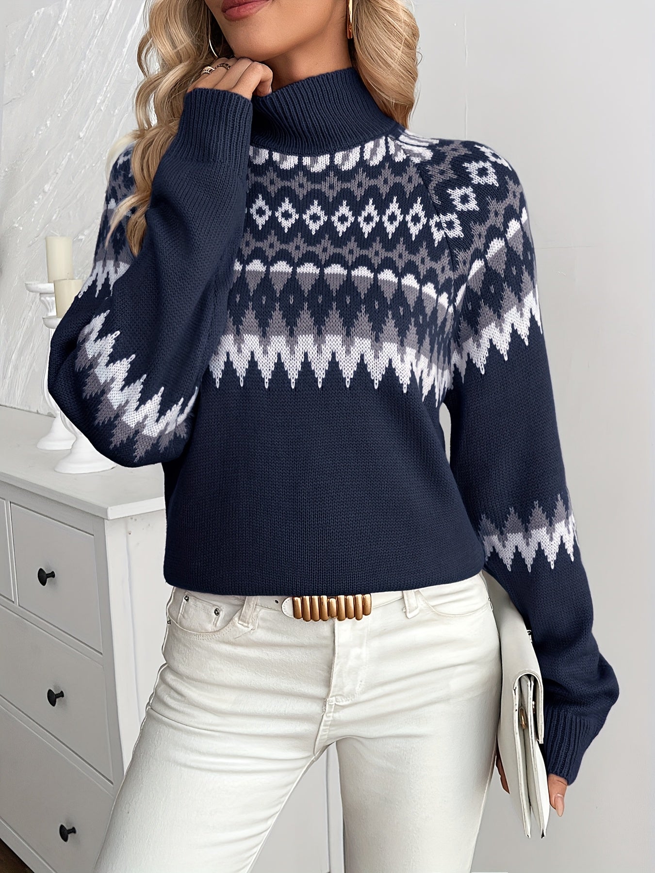 Women's Nordic Winter Sweater - Retro Geometric & Pattern Collar Pullover, Long Sleeve Cozy Sweating Sweater for Fall/Winter, Casual & Formal Wear (Hand Washable, Stand Collar) - Scandinavian Style Sweater Coat Hause Lune