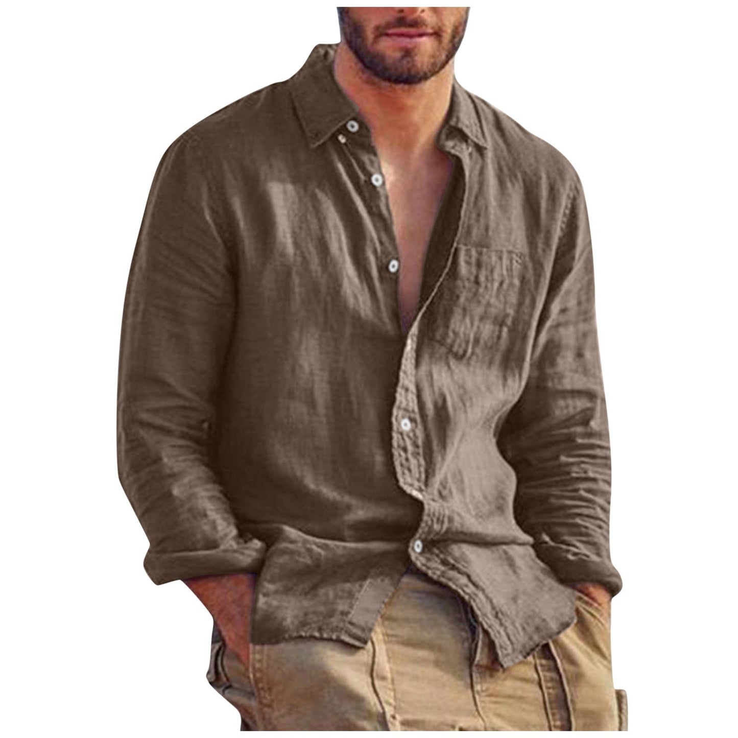 Ronald | Herren Leinenhemd V-Ausschnitt für Sommer, Atmungsaktiv, Langarm, Elegantes Design-4